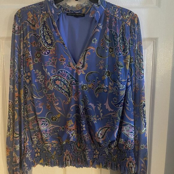Women's Boston Proper Paisley Mesh Smocked Blouson Knit Top L - Picture 1 of 14